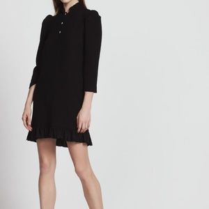 SANDRO Black Textured Dress Jeweled Buttons Frill Silk Neckline + Hem 2